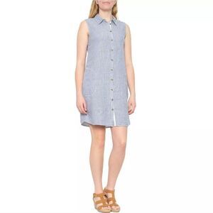 Tahari Striped Sleeveless Shirt Dress 100% Linen Pockets Blue‎ White Medium